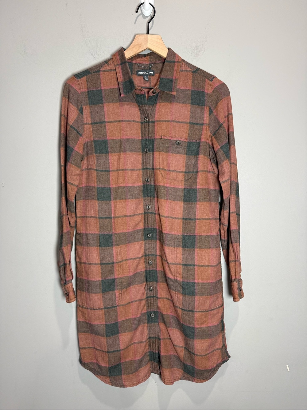 Toad&Co Re-Form Plaid Flannel Shirt Dress Pink Brown Small Fall 2021